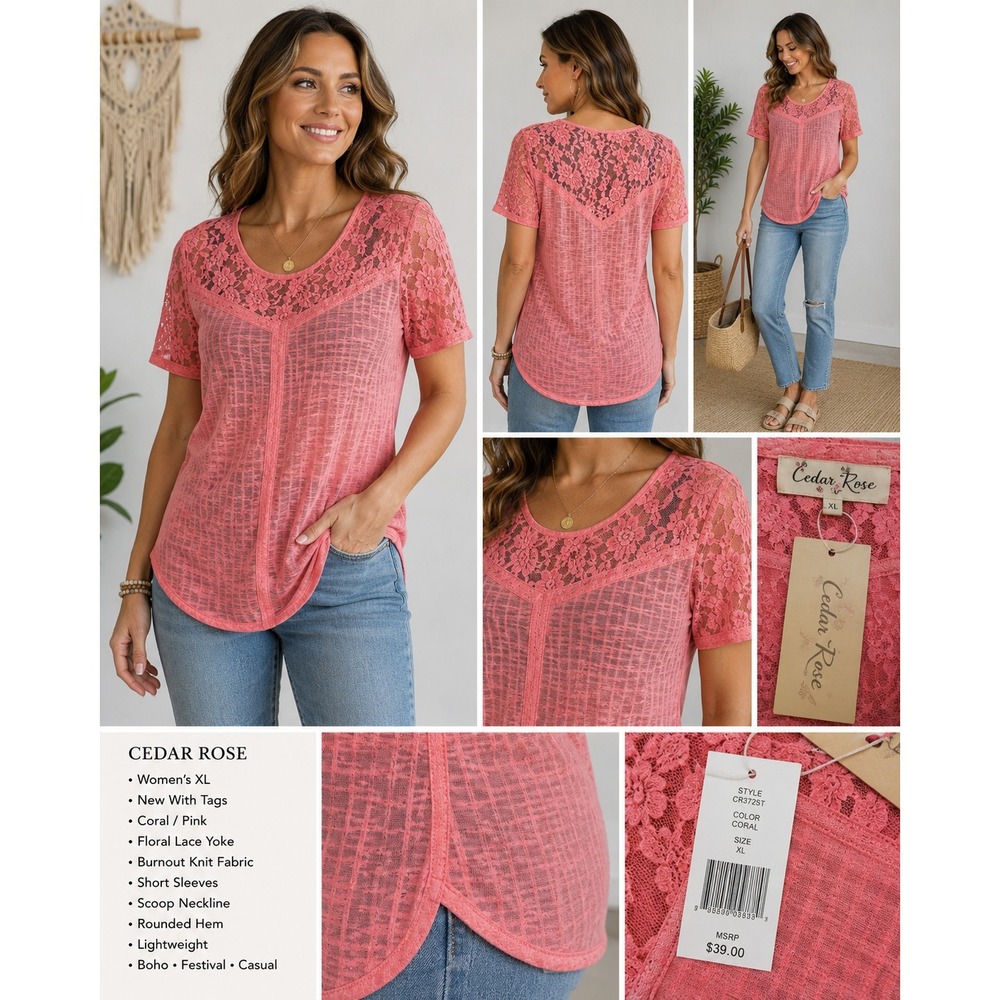 🌸 Cedar Rose Coral Lace Burnout Boho Top NWT XL